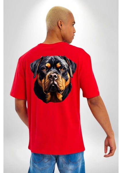 Rottweiler Alman Irkı Köpek Kadın Erkek Ön Minimal Sırt Baskılı Kırmızı Pamuklu Tişört