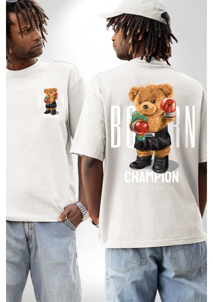 Boks Şampiyonu Oyuncak Ayı Kadın Erkek Ön Minimal Sırt Baskılı Beyaz Pamuklu Tişört fırsatları