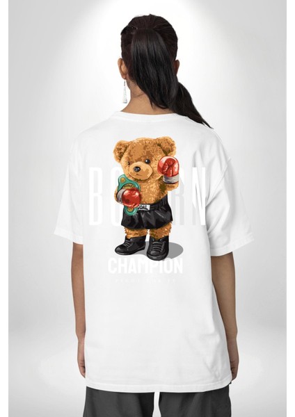 Boks Şampiyonu Oyuncak Ayı Kadın Erkek Ön Minimal Sırt Baskılı Beyaz Pamuklu Tişört indirimleri