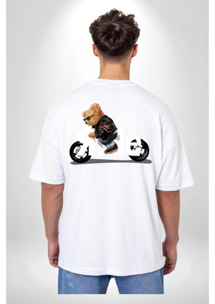 Motor Süren Havalı Oyuncak Ayı Kadın Erkek Ön Minimal Sırt Baskılı Beyaz Pamuklu Tişört fiyatları