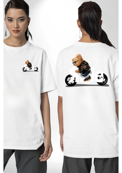 Motor Süren Havalı Oyuncak Ayı Kadın Erkek Ön Minimal Sırt Baskılı Beyaz Pamuklu Tişört fırsatları