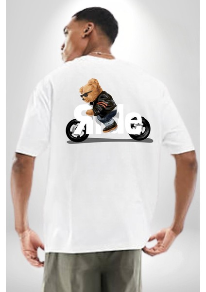 Motor Süren Havalı Oyuncak Ayı Kadın Erkek Ön Minimal Sırt Baskılı Beyaz Pamuklu Tişört indirimleri