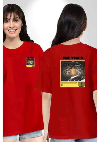 Modern Kaplan Techno Vibe Tasarım Kadın Erkek Ön Minimal Sırt Baskılı Kırmızı Pamuklu Tişört