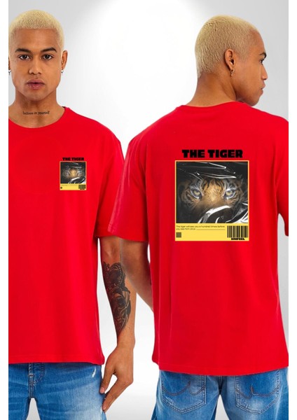 Modern Kaplan Techno Vibe Tasarım Kadın Erkek Ön Minimal Sırt Baskılı Kırmızı Pamuklu Tişört fırsatları