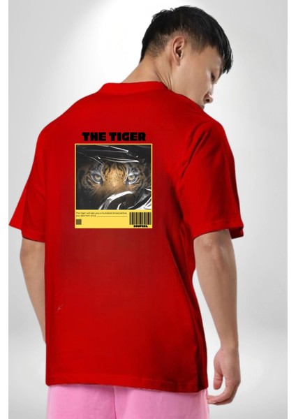 Modern Kaplan Techno Vibe Tasarım Kadın Erkek Ön Minimal Sırt Baskılı Kırmızı Pamuklu Tişört indirimleri