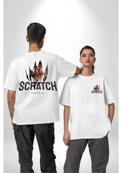 Yüzeyi Çizmek Kaplan Kadın Erkek Ön Minimal Sırt Baskılı Beyaz Pamuklu Tişört