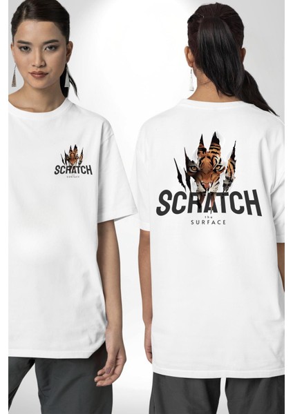 Yüzeyi Çizmek Kaplan Kadın Erkek Ön Minimal Sırt Baskılı Beyaz Pamuklu Tişört fırsatları