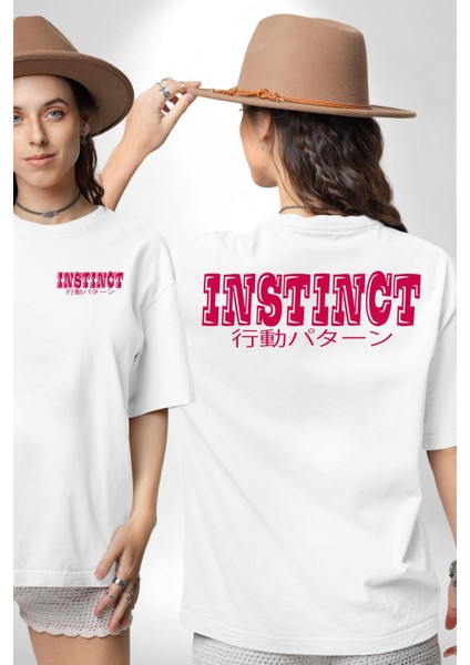 Içgüdü Japon Sade Yazı Kadın Erkek Ön Minimal Sırt Baskılı Beyaz Pamuklu Tişört