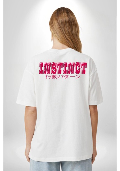 Içgüdü Japon Sade Yazı Kadın Erkek Ön Minimal Sırt Baskılı Beyaz Pamuklu Tişört modelleri