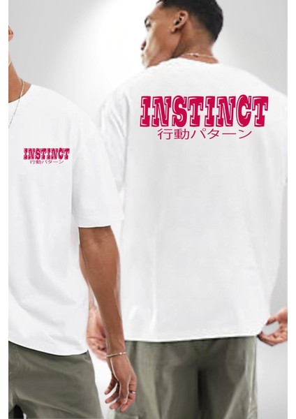 Içgüdü Japon Sade Yazı Kadın Erkek Ön Minimal Sırt Baskılı Beyaz Pamuklu Tişört fırsatları