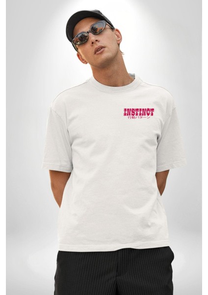 Içgüdü Japon Sade Yazı Kadın Erkek Ön Minimal Sırt Baskılı Beyaz Pamuklu Tişört indirimleri