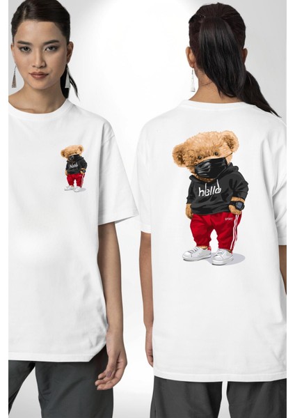Sokak Tarzı Oyuncak Ayı Kadın Erkek Ön Minimal Sırt Baskılı Beyaz Pamuklu Tişört