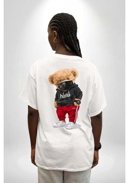 Sokak Tarzı Oyuncak Ayı Kadın Erkek Ön Minimal Sırt Baskılı Beyaz Pamuklu Tişört fiyatları