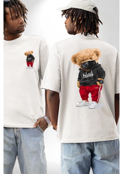 Sokak Tarzı Oyuncak Ayı Kadın Erkek Ön Minimal Sırt Baskılı Beyaz Pamuklu Tişört fırsatları