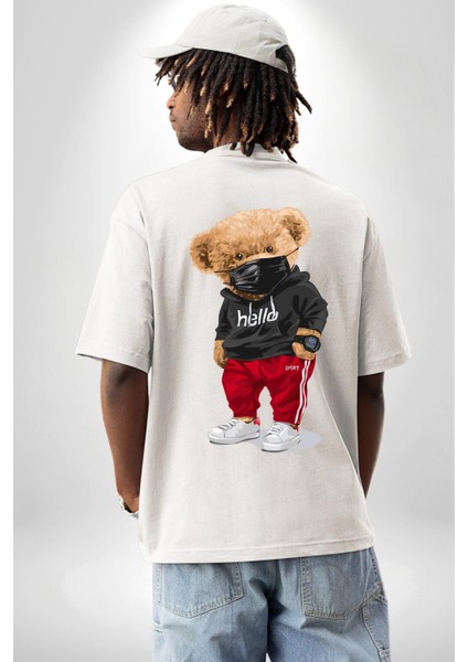 Sokak Tarzı Oyuncak Ayı Kadın Erkek Ön Minimal Sırt Baskılı Beyaz Pamuklu Tişört indirimleri