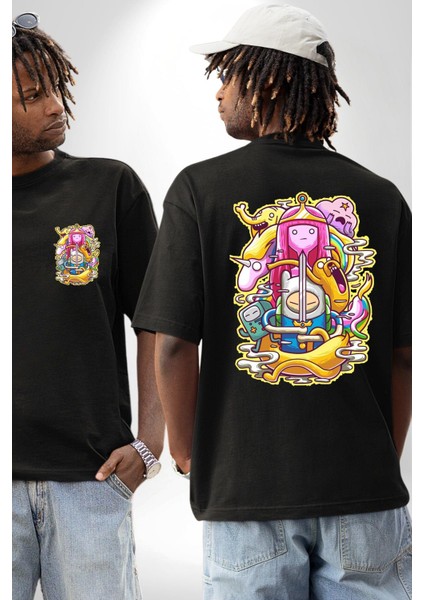 Adventure Time Finn ve Jack Kadın Erkek Ön Minimal Sırt Baskılı Siyah Pamuklu Tişört