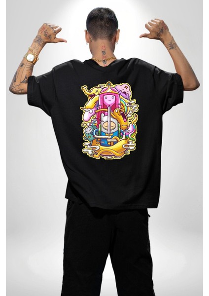 Adventure Time Finn ve Jack Kadın Erkek Ön Minimal Sırt Baskılı Siyah Pamuklu Tişört fiyatları