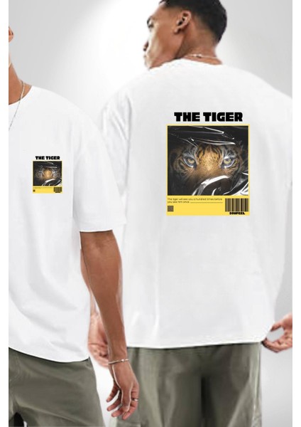 Modern Kaplan Techno Vibe Tasarım Kadın Erkek Ön Minimal Sırt Baskılı Beyaz Pamuklu Tişört