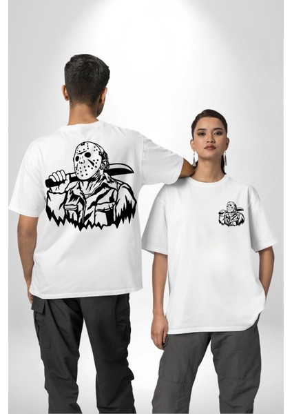 13. Cuma Korku Karakteri Jason Kadın Erkek Ön Minimal Sırt Baskılı Beyaz Pamuklu Tişört