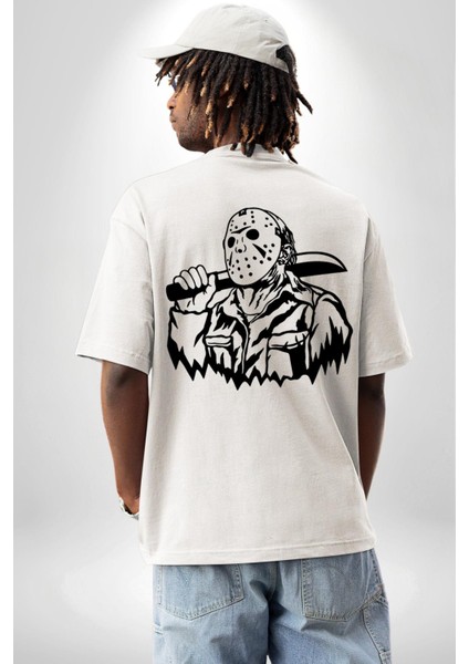 13. Cuma Korku Karakteri Jason Kadın Erkek Ön Minimal Sırt Baskılı Beyaz Pamuklu Tişört fiyatları