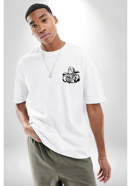 13. Cuma Korku Karakteri Jason Kadın Erkek Ön Minimal Sırt Baskılı Beyaz Pamuklu Tişört modelleri