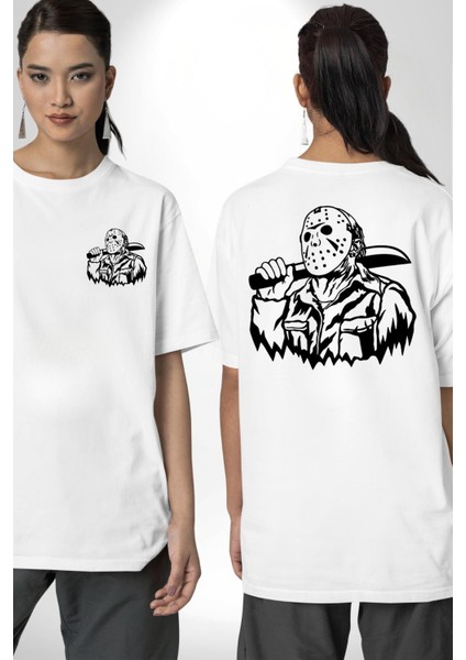 13. Cuma Korku Karakteri Jason Kadın Erkek Ön Minimal Sırt Baskılı Beyaz Pamuklu Tişört fırsatları