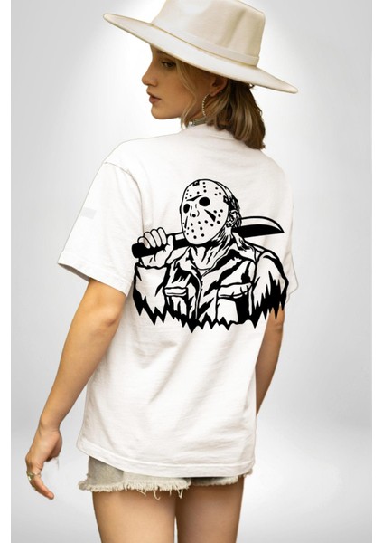 13. Cuma Korku Karakteri Jason Kadın Erkek Ön Minimal Sırt Baskılı Beyaz Pamuklu Tişört indirimleri