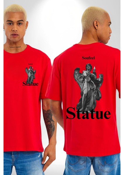 Yunan Heykeli Statue Kadın Erkek Ön Minimal Sırt Baskılı Kırmızı Pamuklu Tişört