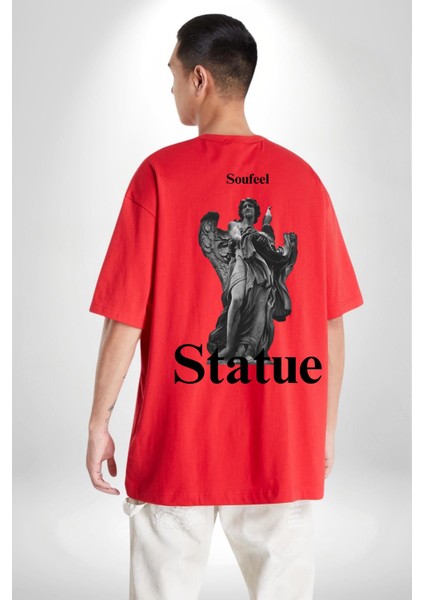 Yunan Heykeli Statue Kadın Erkek Ön Minimal Sırt Baskılı Kırmızı Pamuklu Tişört fırsatları