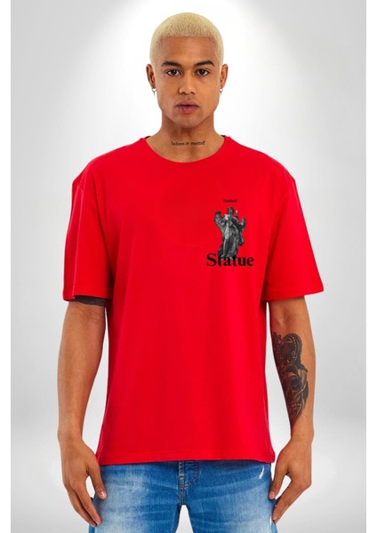 Yunan Heykeli Statue Kadın Erkek Ön Minimal Sırt Baskılı Kırmızı Pamuklu Tişört indirimleri