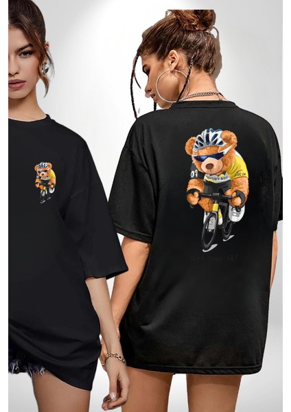 Bisiklet Süren Havalı Oyuncak Ayı Kadın Erkek Ön Minimal Sırt Baskılı Siyah Pamuklu Tişört