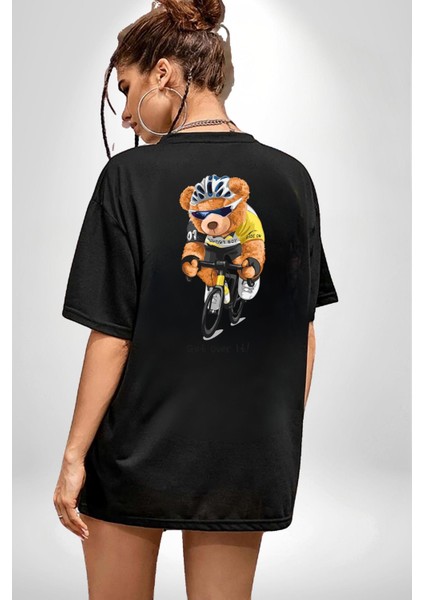 Bisiklet Süren Havalı Oyuncak Ayı Kadın Erkek Ön Minimal Sırt Baskılı Siyah Pamuklu Tişört fiyatları