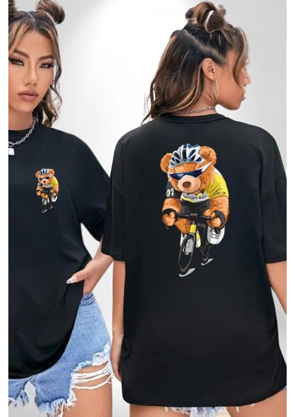Bisiklet Süren Havalı Oyuncak Ayı Kadın Erkek Ön Minimal Sırt Baskılı Siyah Pamuklu Tişört fırsatları