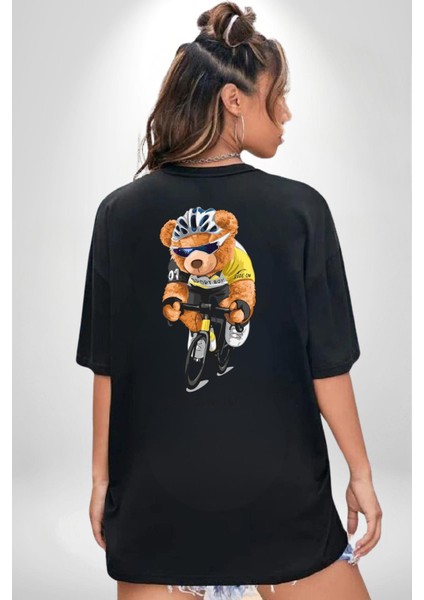 Bisiklet Süren Havalı Oyuncak Ayı Kadın Erkek Ön Minimal Sırt Baskılı Siyah Pamuklu Tişört indirimleri