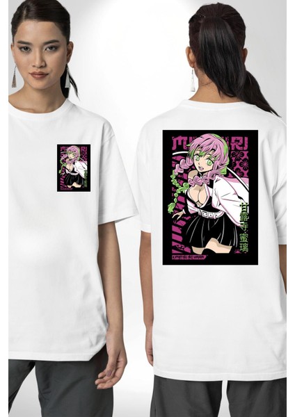 Demon Slayer Mitsuri Kanroji Anime Kadın Erkek Ön Minimal Sırt Baskılı Beyaz Pamuklu Tişört