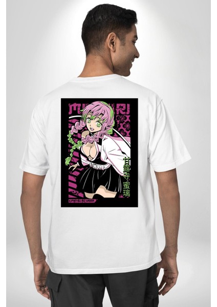 Demon Slayer Mitsuri Kanroji Anime Kadın Erkek Ön Minimal Sırt Baskılı Beyaz Pamuklu Tişört fiyatları