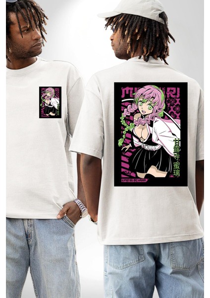 Demon Slayer Mitsuri Kanroji Anime Kadın Erkek Ön Minimal Sırt Baskılı Beyaz Pamuklu Tişört fırsatları