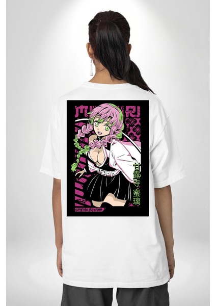 Demon Slayer Mitsuri Kanroji Anime Kadın Erkek Ön Minimal Sırt Baskılı Beyaz Pamuklu Tişört indirimleri