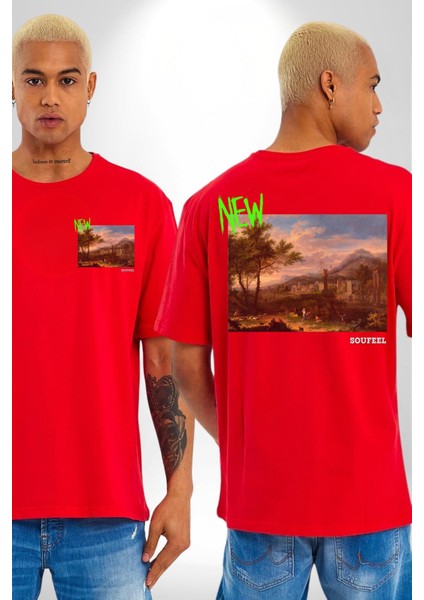 Yeni Antik Çağ Zamanları Kadın Erkek Ön Minimal Sırt Baskılı Kırmızı Pamuklu Tişört