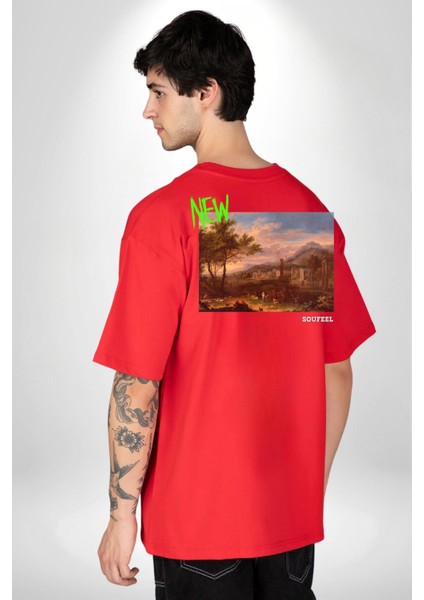 Yeni Antik Çağ Zamanları Kadın Erkek Ön Minimal Sırt Baskılı Kırmızı Pamuklu Tişört fiyatları