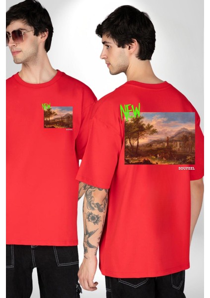 Yeni Antik Çağ Zamanları Kadın Erkek Ön Minimal Sırt Baskılı Kırmızı Pamuklu Tişört fırsatları