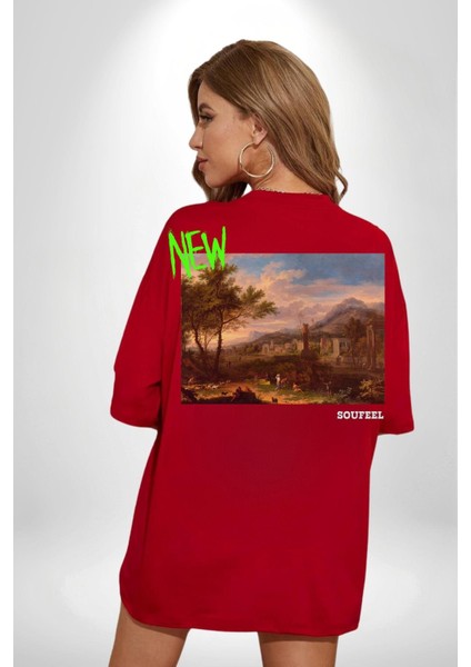 Yeni Antik Çağ Zamanları Kadın Erkek Ön Minimal Sırt Baskılı Kırmızı Pamuklu Tişört indirimleri