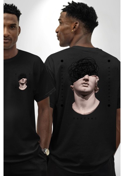 Helenistik Kafası Karışık Yunan Heykeli Kadın Erkek Ön Minimal Sırt Baskılı Siyah Pamuklu Tişört