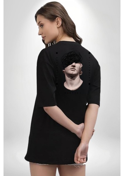 Helenistik Kafası Karışık Yunan Heykeli Kadın Erkek Ön Minimal Sırt Baskılı Siyah Pamuklu Tişört fiyatları