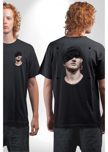 Helenistik Kafası Karışık Yunan Heykeli Kadın Erkek Ön Minimal Sırt Baskılı Siyah Pamuklu Tişört fırsatları