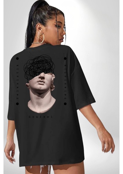 Helenistik Kafası Karışık Yunan Heykeli Kadın Erkek Ön Minimal Sırt Baskılı Siyah Pamuklu Tişört indirimleri