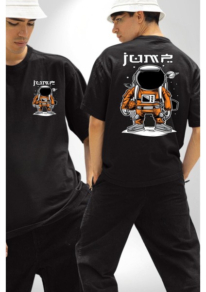 Uzay Basketbolcusu Astronot Kadın Erkek Ön Minimal Sırt Baskılı Siyah Pamuklu Tişört