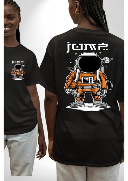 Uzay Basketbolcusu Astronot Kadın Erkek Ön Minimal Sırt Baskılı Siyah Pamuklu Tişört fırsatları