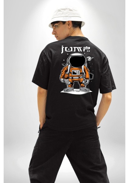 Uzay Basketbolcusu Astronot Kadın Erkek Ön Minimal Sırt Baskılı Siyah Pamuklu Tişört indirimleri