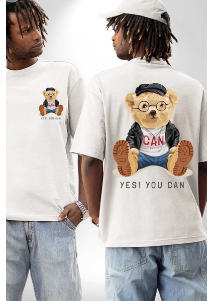 Evet Yapabilirsin Oyuncak Ayı Kadın Erkek Ön Minimal Sırt Baskılı Beyaz Pamuklu Tişört